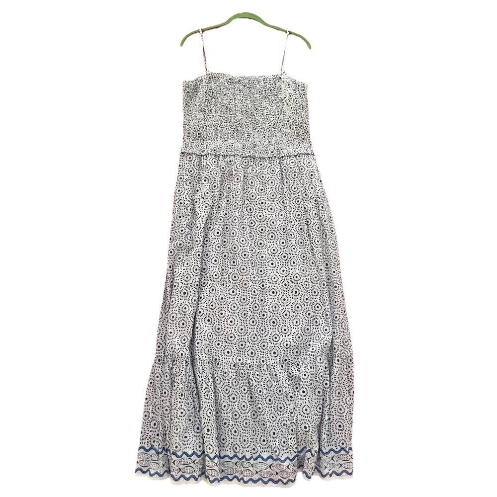 Roller Rabbit Women’s Naolin Fish Border Briar Dress Large Smocked Blue White